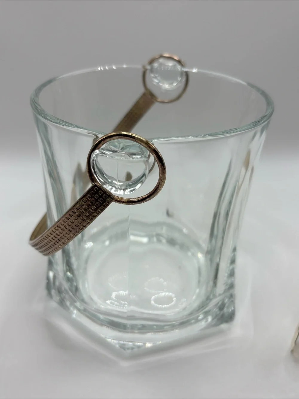 Vintage Heavy Glass Ice Bucket Set with Gold Handle & Tongs - Mid-Century Modern